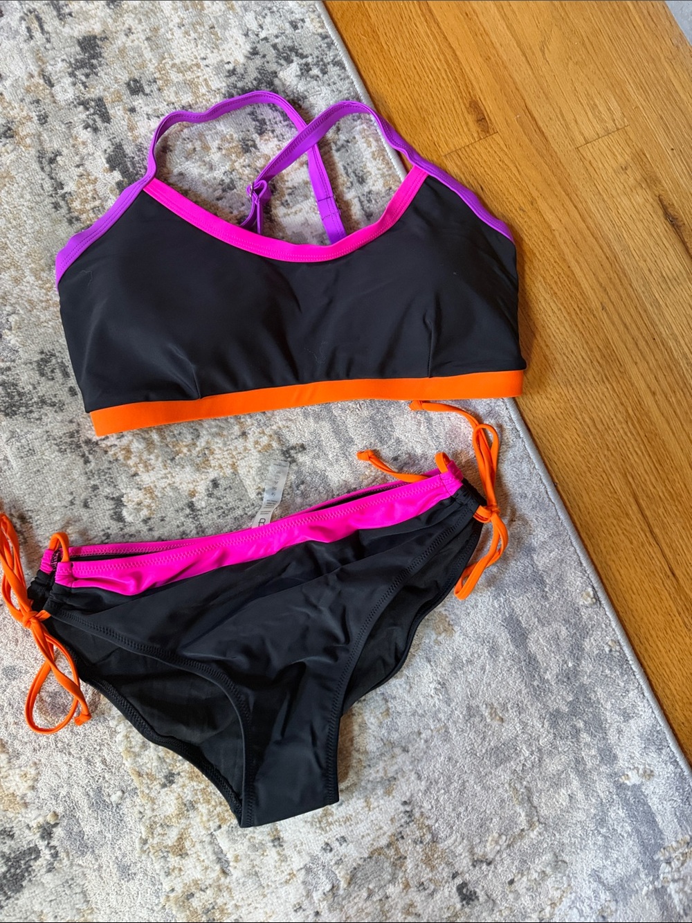Black Bikini Set with Pink & Orange Trim - Women's Sporty Two-Piece